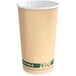 A close-up of an EcoChoice Double Wall Kraft paper hot cup with a brown stripe.