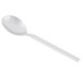 A silver Libbey bouillon spoon with a white oval handle.