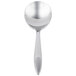 A close-up of a Libbey stainless steel bouillon spoon with a black handle.