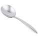 A close-up of a Libbey stainless steel bouillon spoon with a long handle.