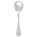 A silver Libbey bouillon spoon with a black handle.