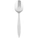 A silver Libbey Contempra stainless steel teaspoon with a white handle.