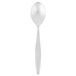 A Libbey stainless steel serving spoon with a white handle.