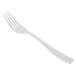 A silver Libbey stainless steel dinner fork with a white background.