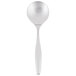 A close-up of a Libbey stainless steel bouillon spoon with a white handle.