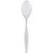 A close-up of a Libbey stainless steel teaspoon with a white handle and spoon.