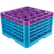 A purple and blue plastic Carlisle glass rack with holes.