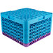 A stack of blue and purple Carlisle plastic glass racks with extenders.
