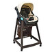 A Koala Kare brown plastic high chair with a brown seat and casters.
