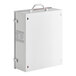 A white metal first aid kit cabinet with a handle and wall-mounting holes.