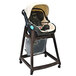 A Koala Kare brown plastic high chair with a grey seat on casters.