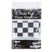 A black and white checkered rectangular plastic tablecloth with elastic edges.