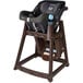 A Koala Kare brown plastic high chair with brown seat.