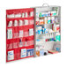 A large, multi-shelf first aid kit cabinet stocked with various medical supplies and medications.