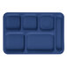 A navy blue rectangular Cambro serving tray with 6 compartments.