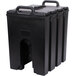 A black plastic Cambro soup carrier with handles.