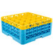 A yellow plastic Carlisle glass rack with 25 compartments and 3 extenders.