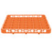 An orange plastic shelf with 36 compartments with holes.
