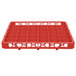A red plastic Carlisle glass rack extender with 36 compartments.