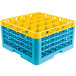 A yellow plastic Carlisle glass rack with blue extenders.