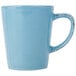 A close-up of a Libbey blue porcelain mug with a blue handle.