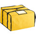 A yellow insulated pizza delivery bag with black straps and a black zipper.