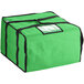 A green insulated Choice pizza delivery bag with black straps and a zipper.