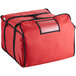 A red ServIt insulated pizza delivery bag with black straps and a zipper.