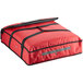 A red ServIt insulated pizza delivery bag with black straps and zipper.