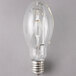 A close-up of a Satco 400 watt clear metal halide light bulb with white accents.