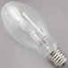 A close-up of a clear Satco 400 watt metal halide light bulb with a white strip.