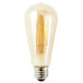A close-up of a Satco transparent amber LED light bulb with a filament.