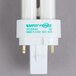 A Satco HyGrade cool white pin based compact fluorescent light bulb with two connectors.