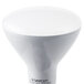 A close-up of a Satco frosted white LED light bulb with a white cap.