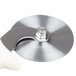 A Dexter-Russell stainless steel pizza cutter with a white handle.