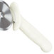 A Dexter-Russell pizza cutter with a white plastic handle and a metal blade.