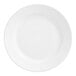An Acopa Bright White stoneware plate with a wide rim and rolled edge on a white background.