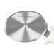 A Dexter Russell stainless steel circular pizza cutter with a white handle.