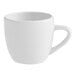 An Acopa bright white stoneware espresso cup with a rolled edge and white handle.