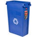 A blue Rubbermaid Slim Jim recycling bin with a white recycle symbol.