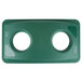 A green rectangular Rubbermaid lid with two round holes.