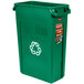 A green Rubbermaid Slim Jim recycling bin with a white recycle symbol.