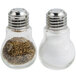 Two American Metalcraft glass light bulb salt and pepper shakers with silver lids.