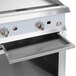 A Cooking Performance Group stainless steel natural gas griddle with two burners and a storage base.