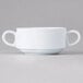 A close-up of a white Elite Global Solutions melamine cup with two handles.