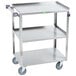 A Lakeside stainless steel utility cart with purple shelves and wheels.