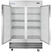An Avantco stainless steel reach-in refrigerator with two solid doors.