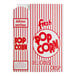 A red and white Great Western popcorn box with text.
