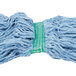 A close-up of a blue Rubbermaid mop head with a green band.