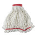 A close up of a Rubbermaid Web Foot white blend wet mop head with red trim.